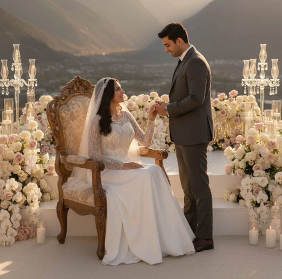 Bride in a long-sleeved beaded gown and floor-length veil, seated in a carved wooden chair and holding the hand of the groom in a grey suit, on a candlelit terrace banked with white and blush roses