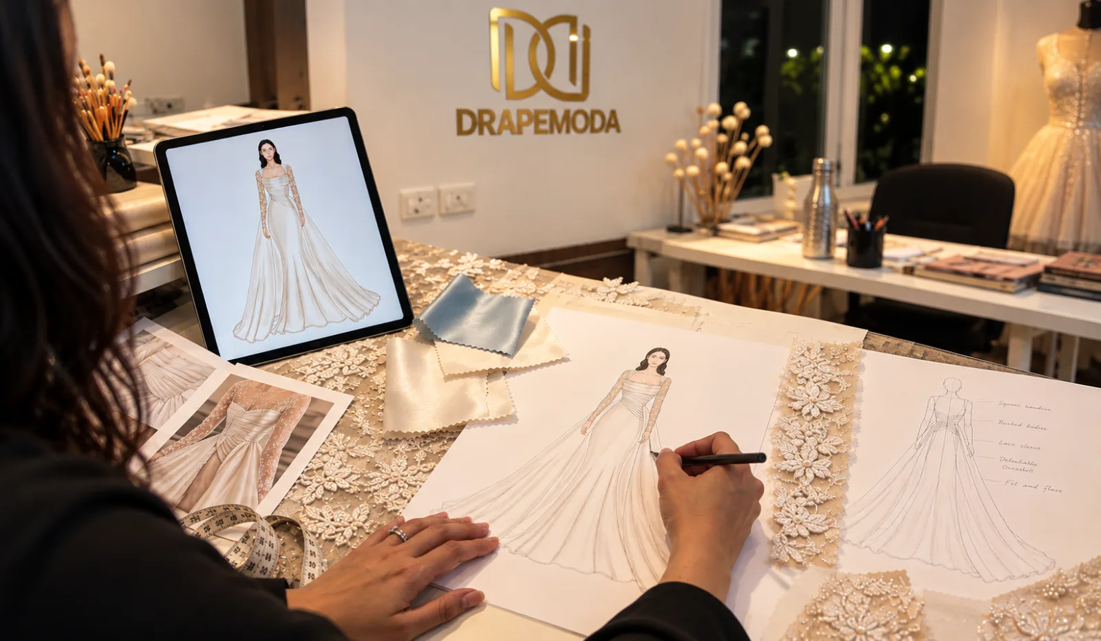 Bridal Designer sketching a new bridal gown based on her ideas