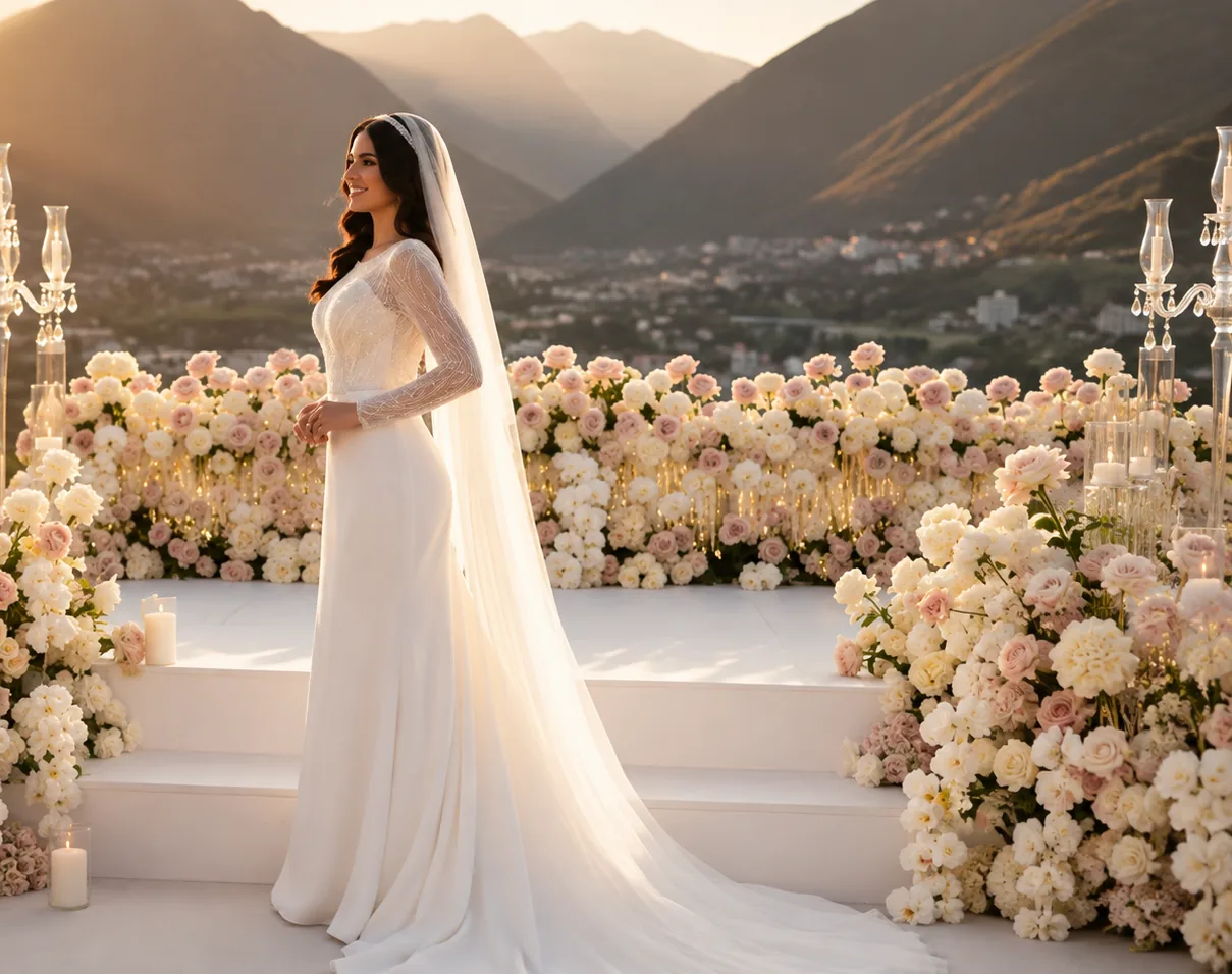 Bride in a bespoke ivory gown with a beaded lace bodice, long sheer sleeves and a plain crepe column skirt, under a full-length cathedral veil, on a white ceremony platform banked with blush and cream roses above a mountain valley at sunset