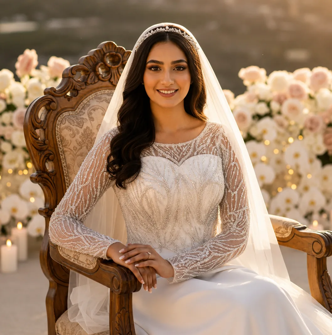 Smiling bride seated in a carved wooden chair in a custom gown whose sheer long sleeves and bodice are beaded in a scrolling leaf pattern over a plain satin skirt, wearing a tiara and full-length veil before a wall of ivory and blush roses