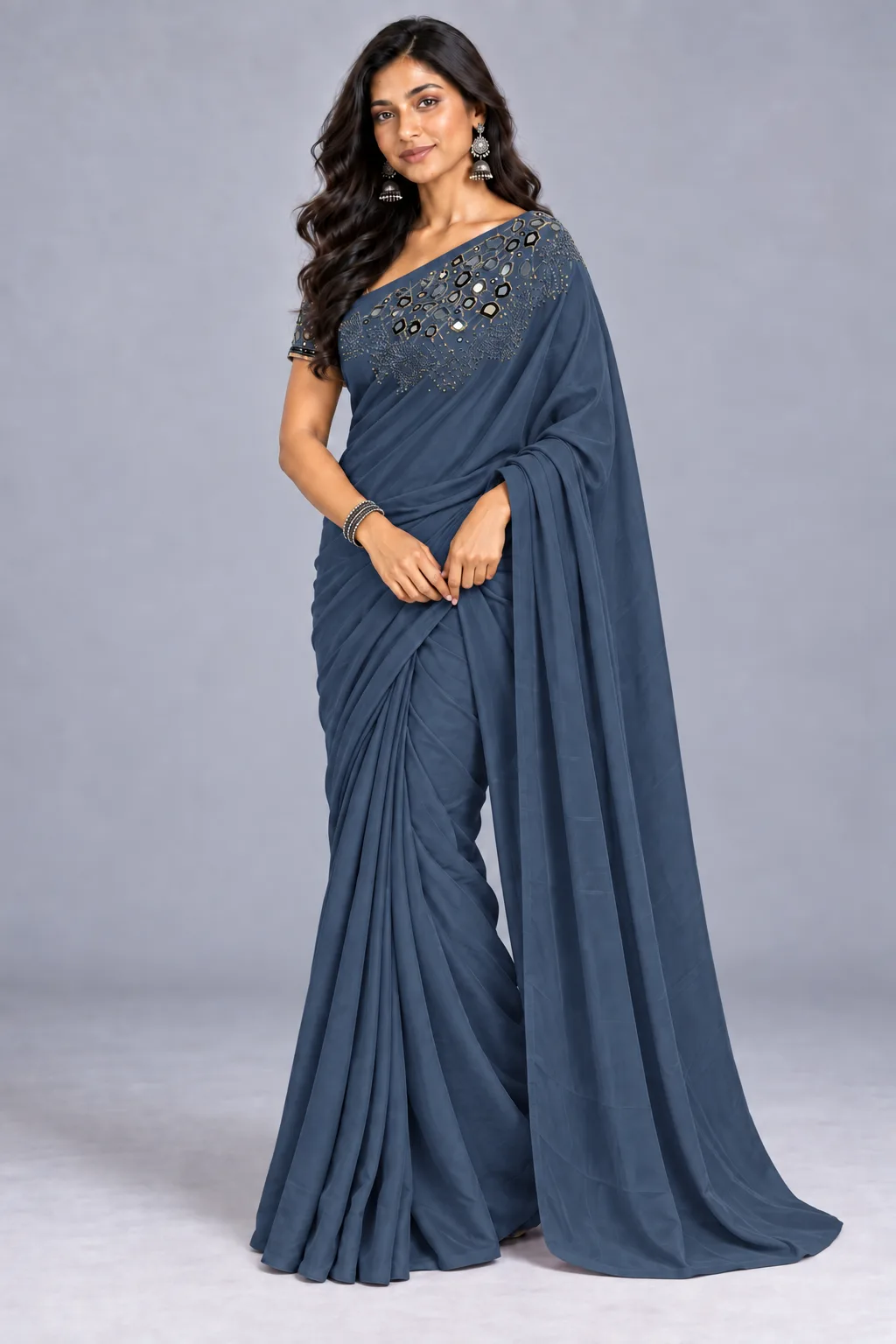 Sarees: Crepe Saree - Hand embroidered - Galaxy in Bluish Grey