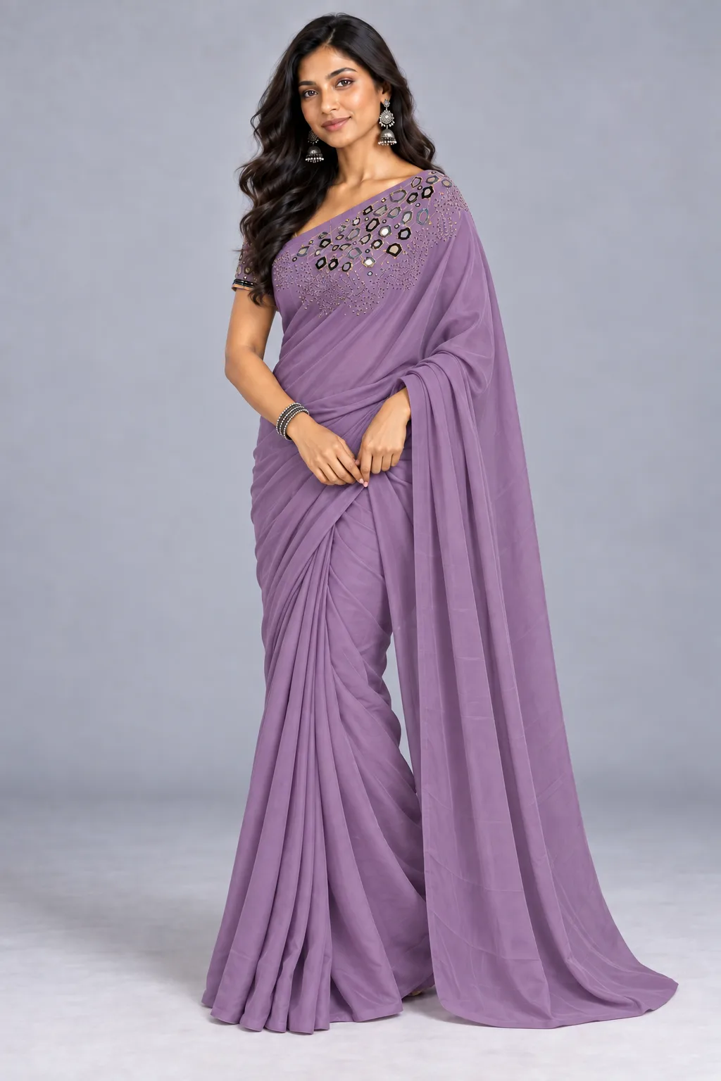 Sarees: Crepe Saree - Hand embroidered - Galaxy in Dusty Lavendar