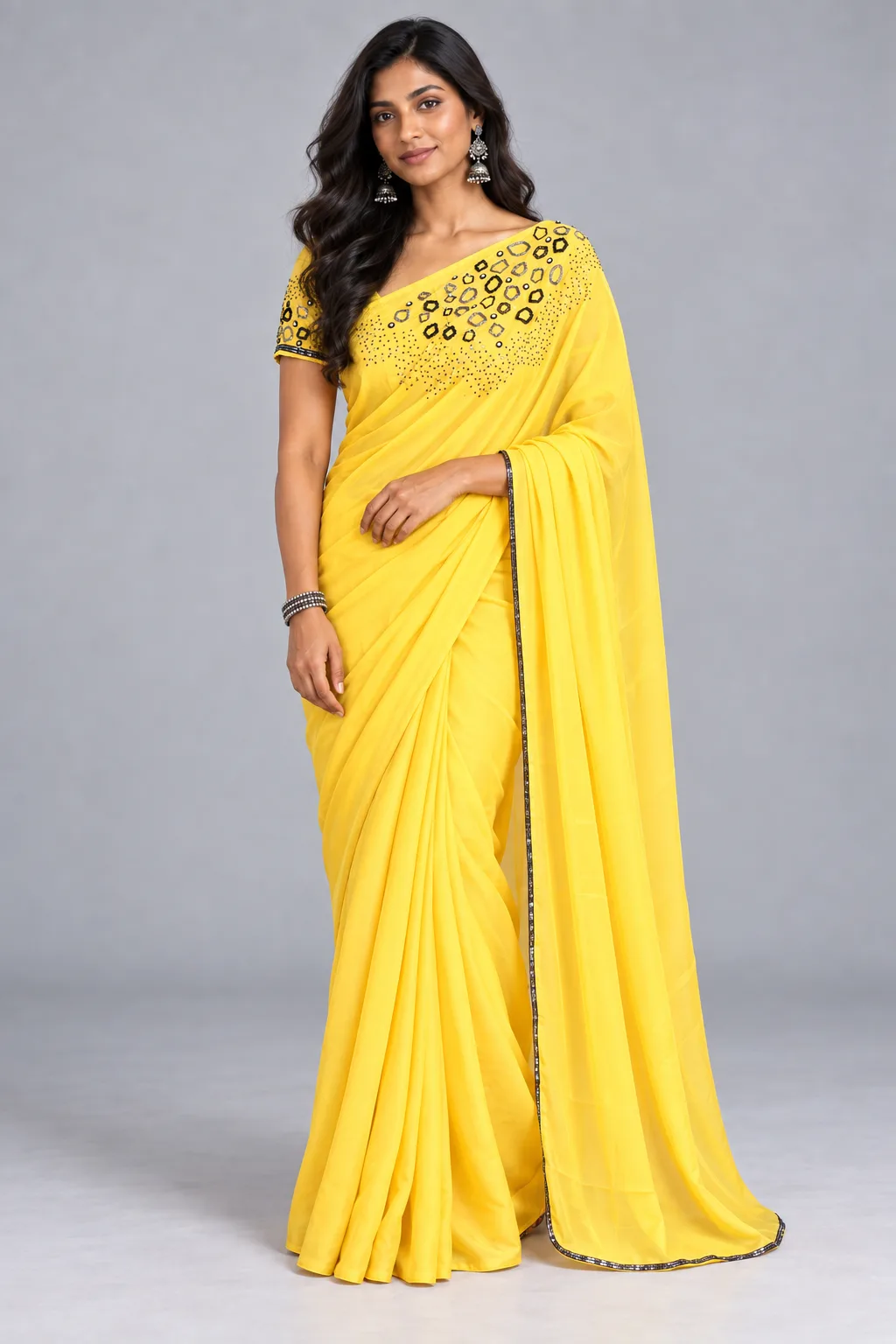 Sarees: Crepe Saree - Hand embroidered - Galaxy in Yellow