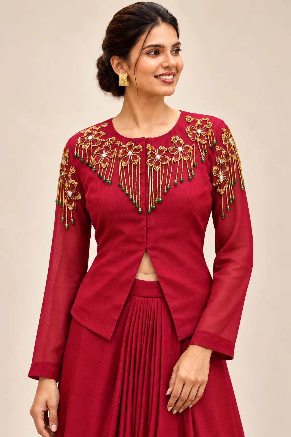 Almond Blossoms: Draped Skirt with Jacket-style Top in Cool Red