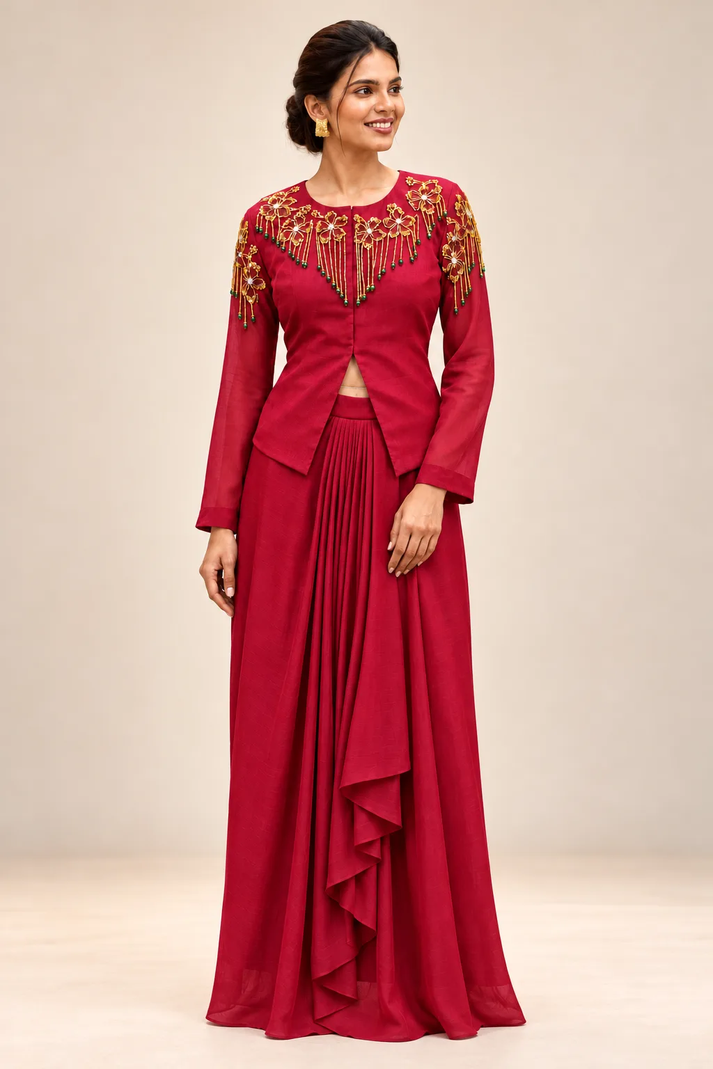 Almond Blossoms: Draped Skirt with Jacket-style Top in Cool Red