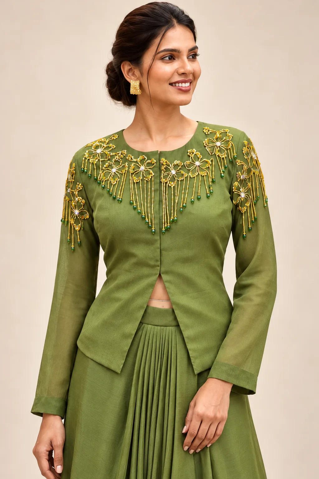 Almond Blossoms: Draped Skirt with Jacket-style Top in Olive Green