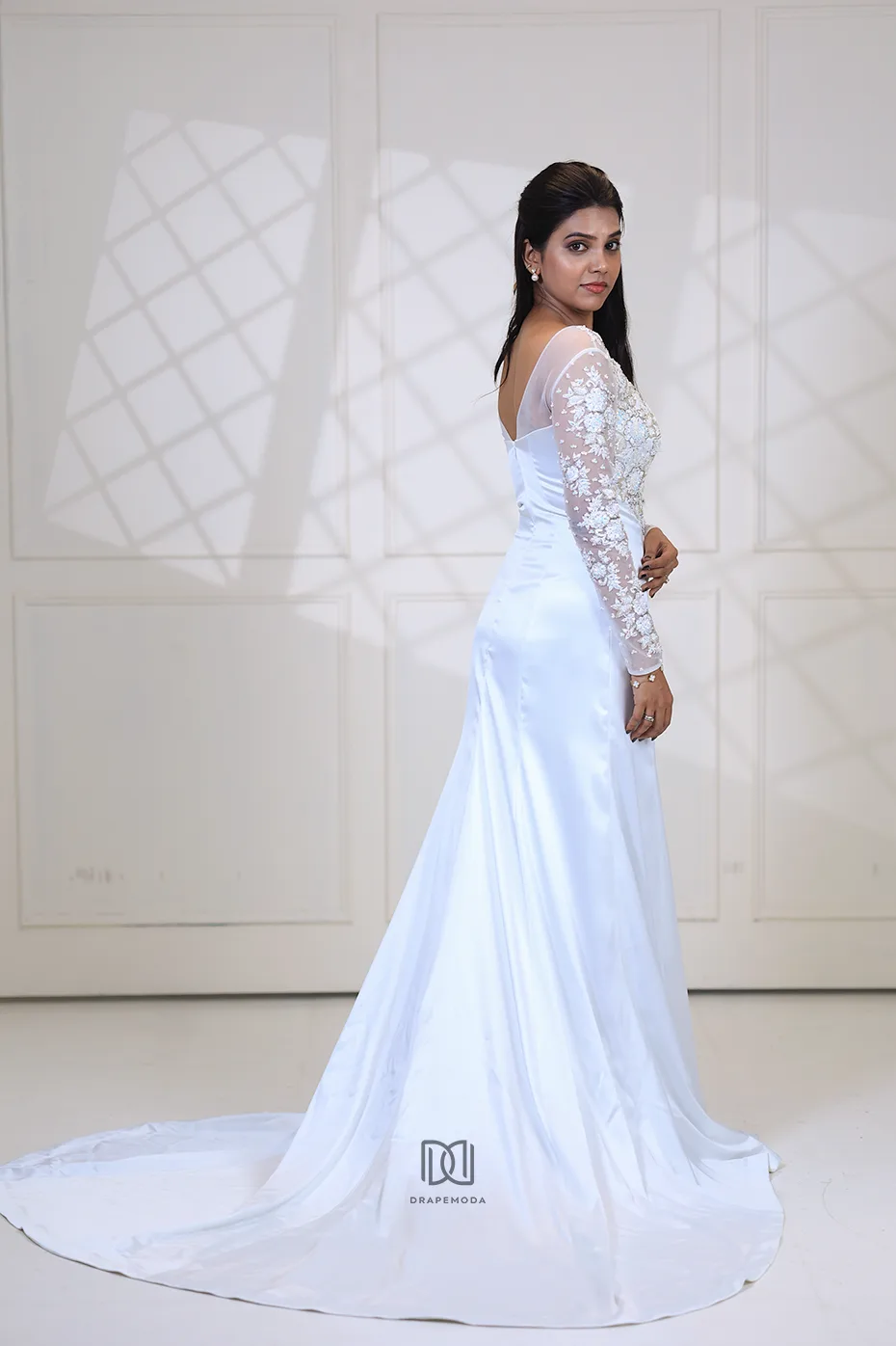Bridal gowns: Elara - Bridal Gown with train - Embellished Illusion-Neck A-Line