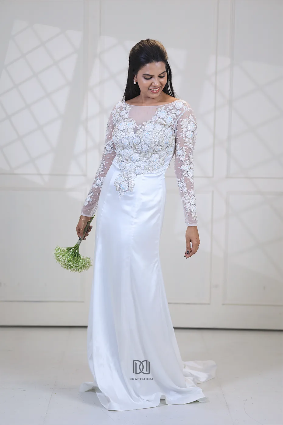 Bridal gowns: Elara - Bridal Gown with train - Embellished Illusion-Neck A-Line