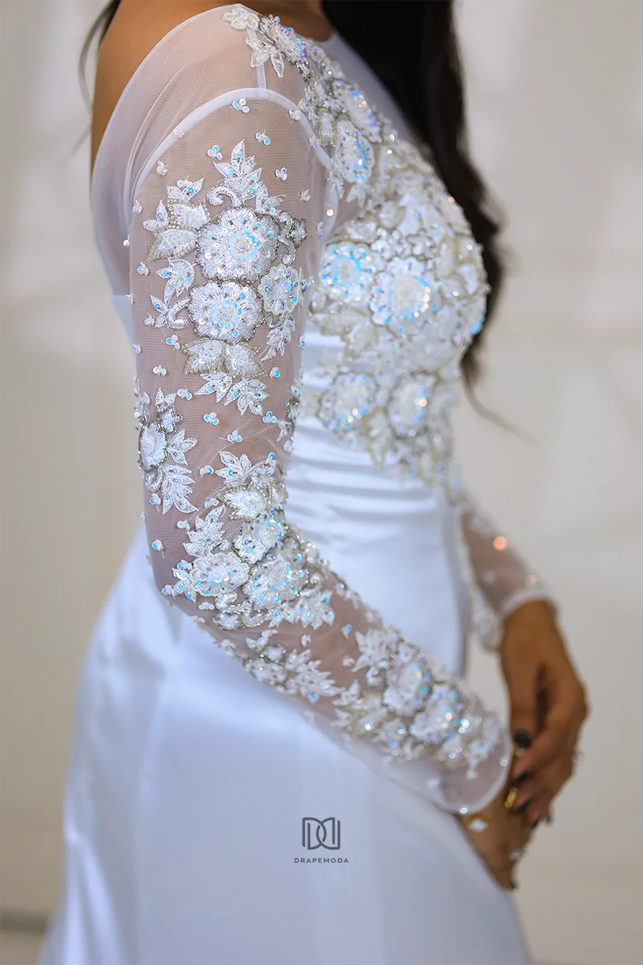 Bridal gowns: Elara - Bridal Gown with train - Embellished Illusion-Neck A-Line