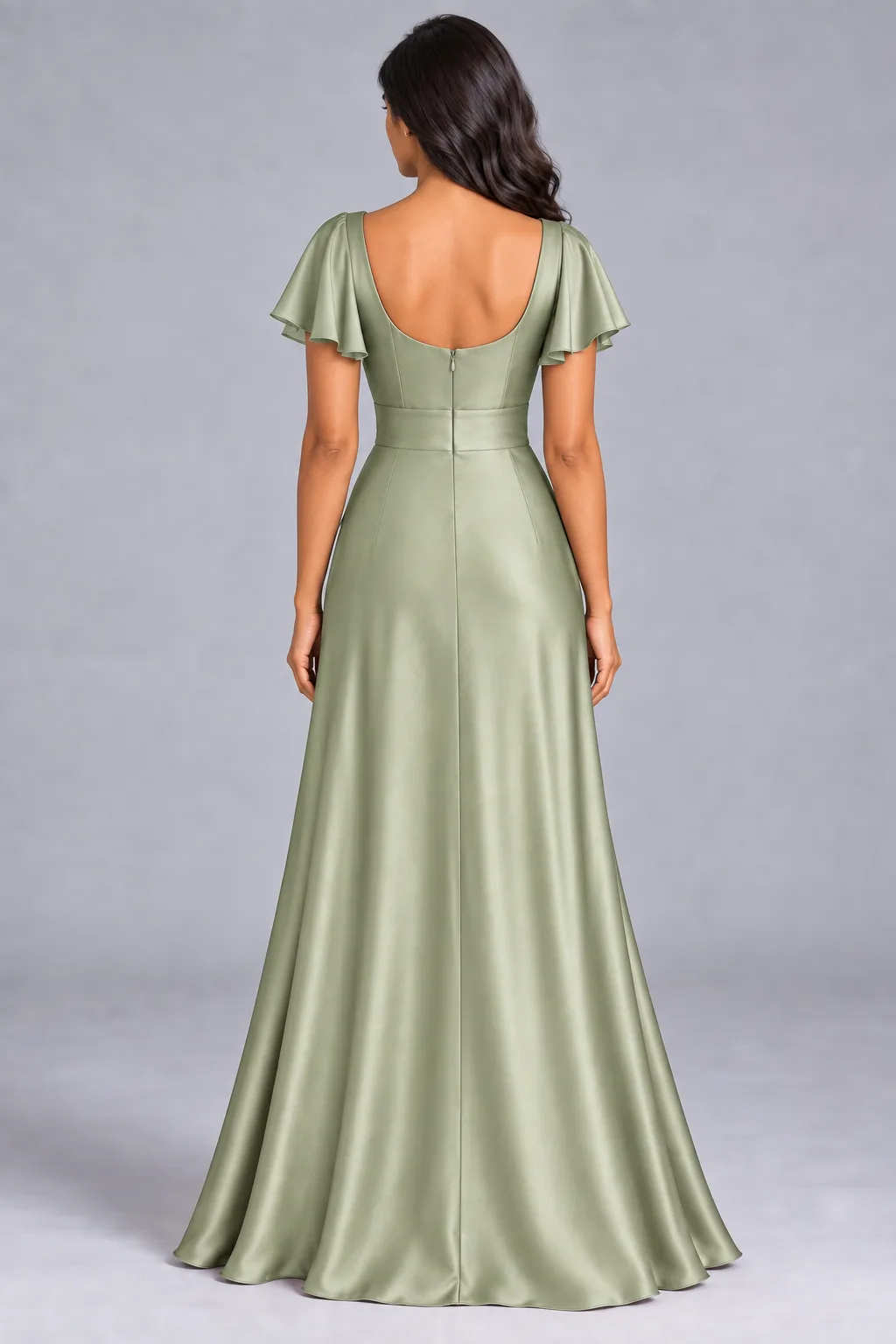 Bridesmaid dresses: Lilah - V-Neck Flutter Sleeves Bridesmaid Gown in Sage Green