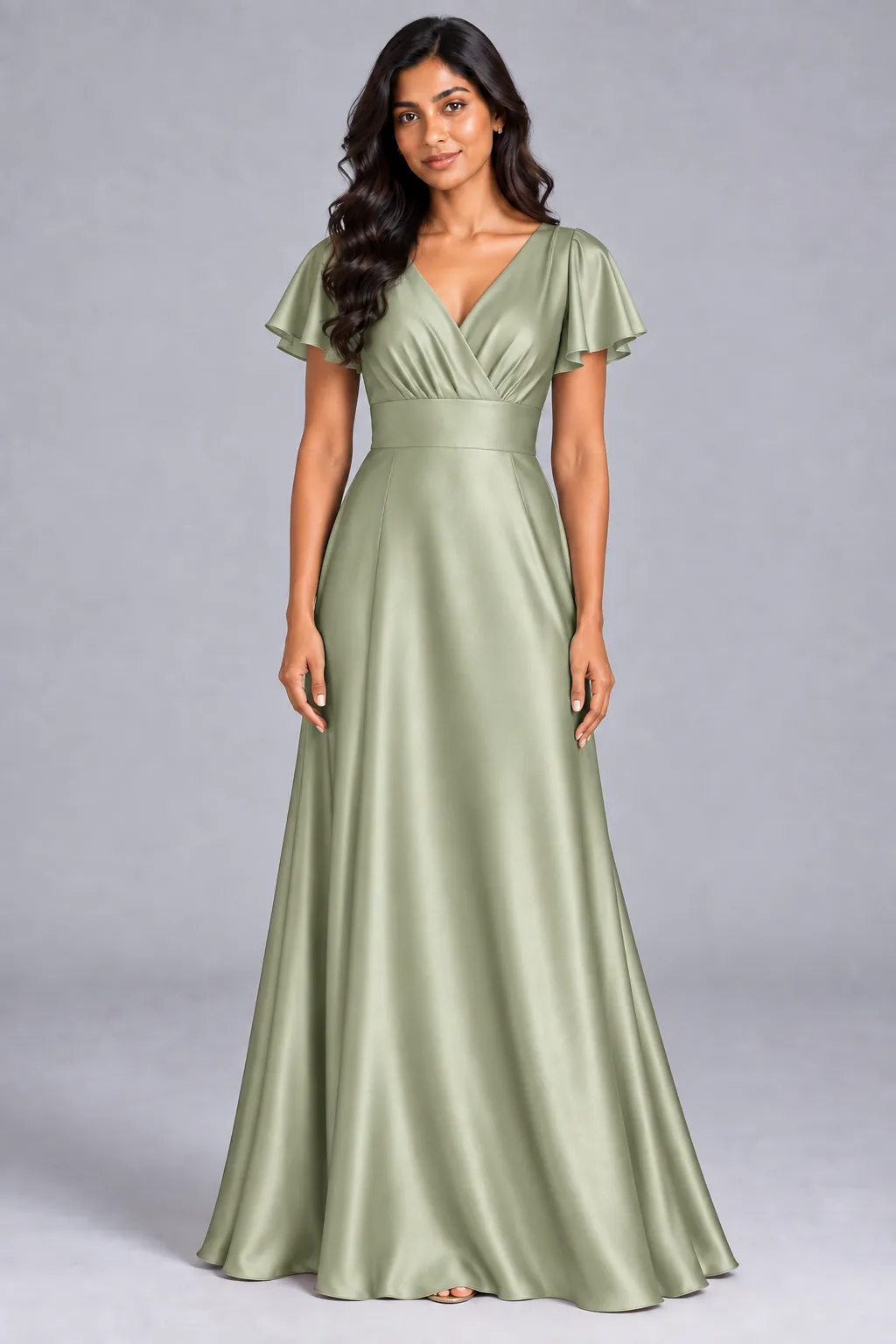 Bridesmaid dresses: Lilah - V-Neck Flutter Sleeves Bridesmaid Gown in Sage Green