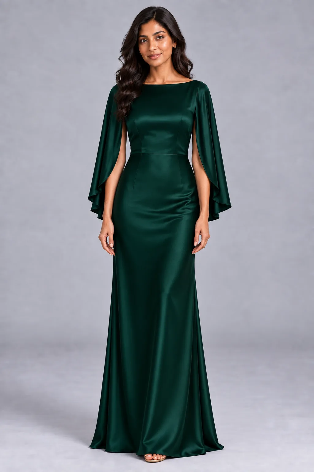 Bridesmaid dresses: Melody - Cape Sleeves Fit and Flare Bridesmaid Dress in Deep Emerald