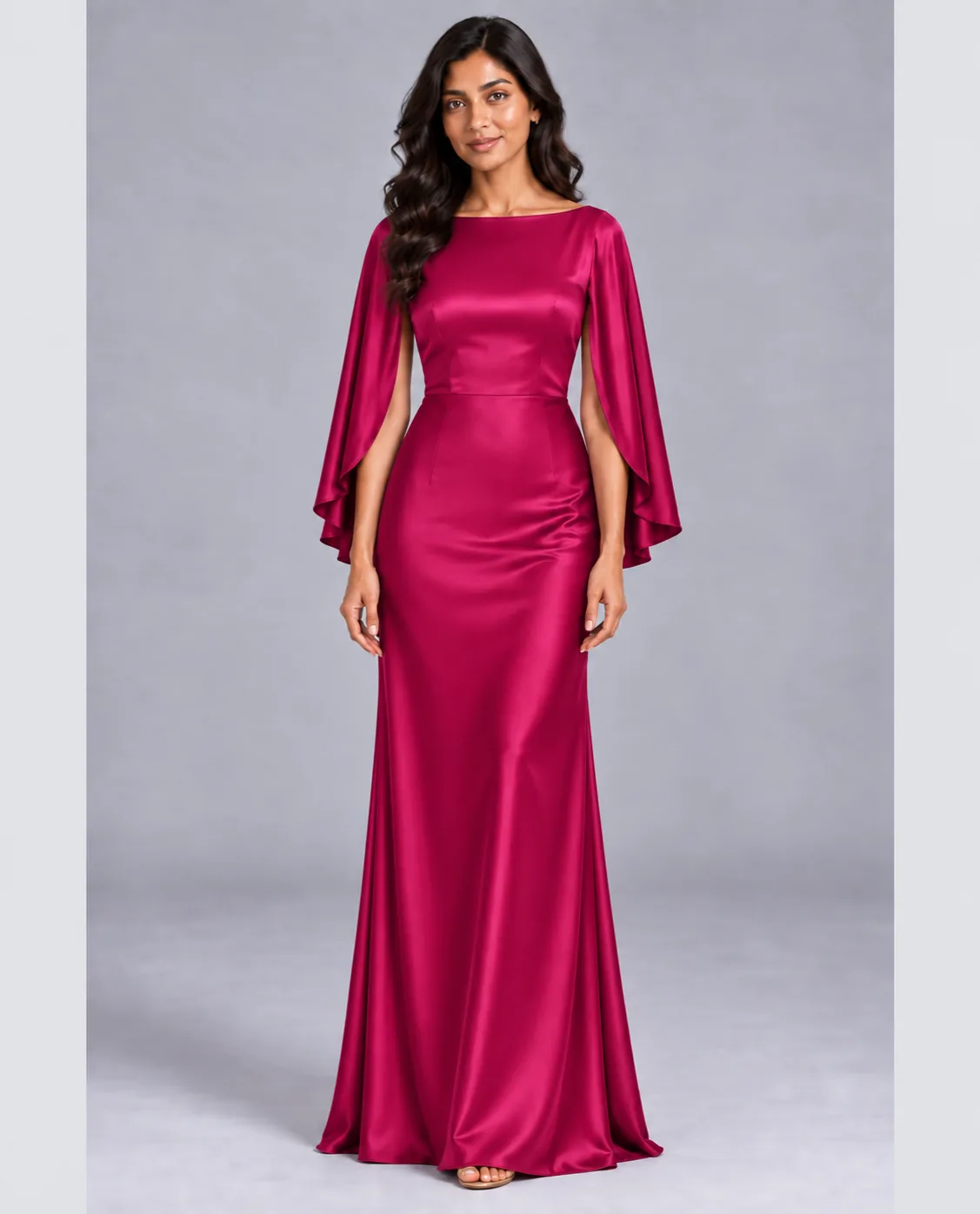 Bridesmaid dresses: Melody - Cape Sleeves Fit and Flare Bridesmaid Dress in Raspberry Pink