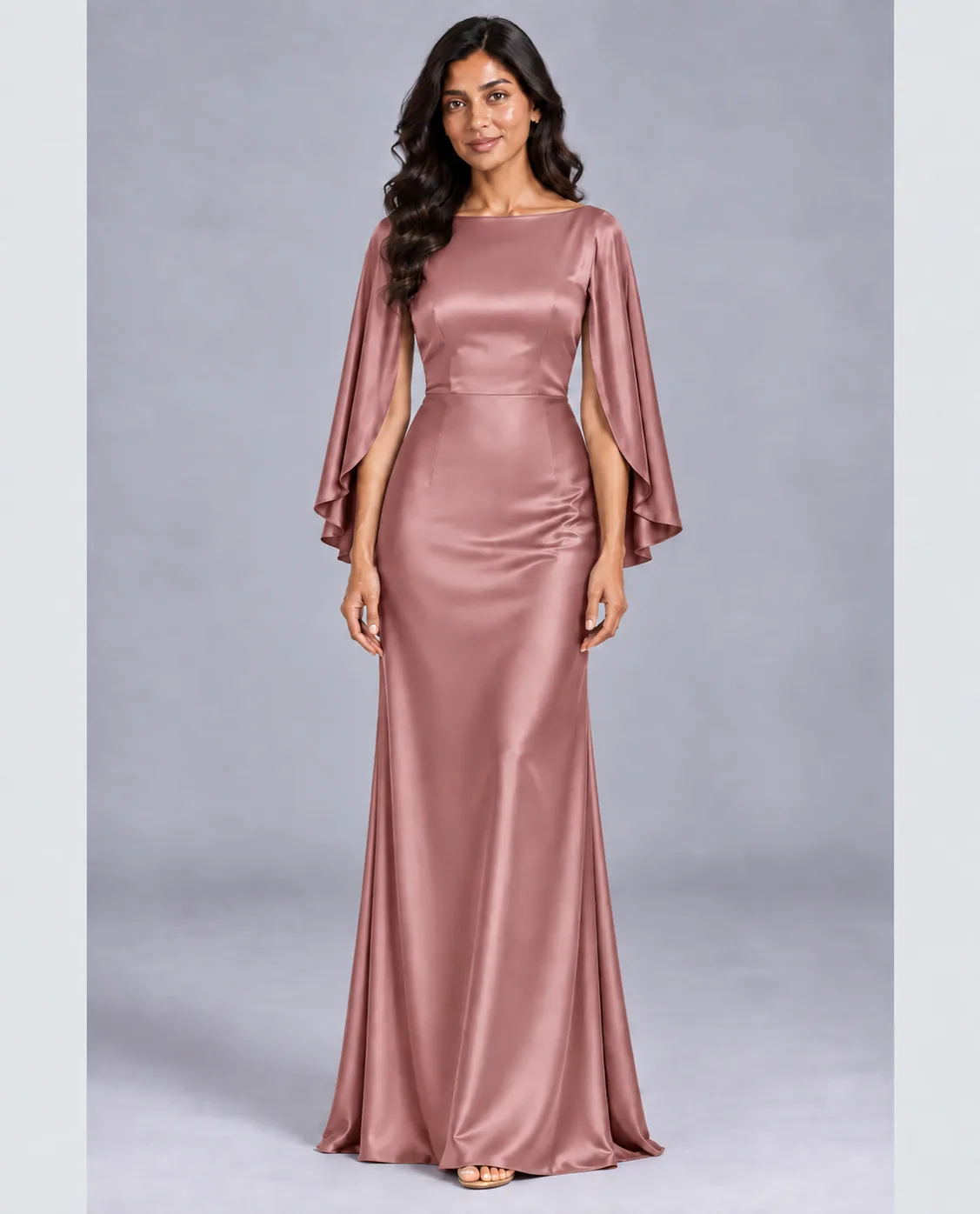 Bridesmaid dresses: Melody - Cape Sleeves Fit and Flare Bridesmaid Dress in Dusty Rose