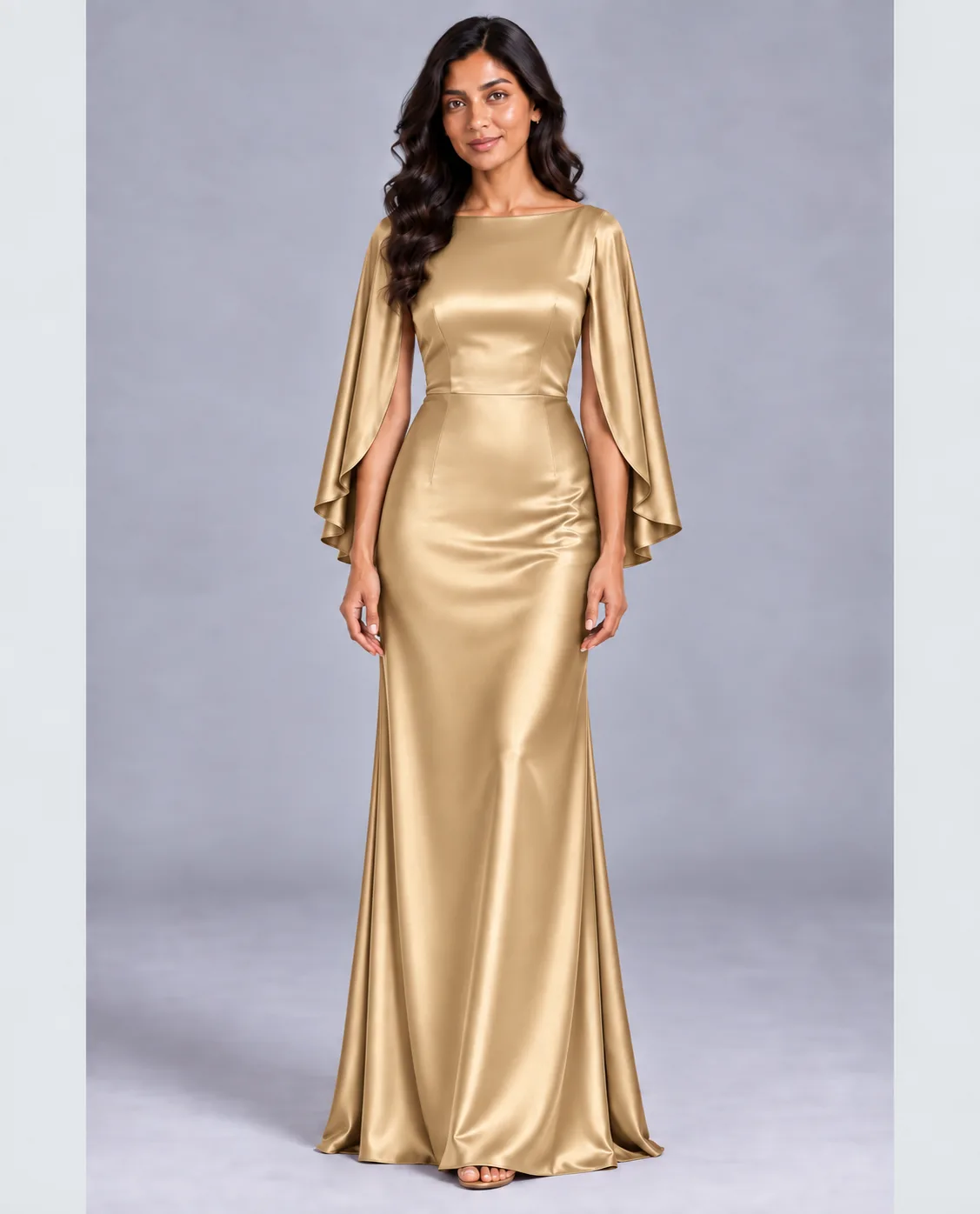 Bridesmaid dresses: Melody - Cape Sleeves Fit and Flare Bridesmaid Dress in Champagne Gold