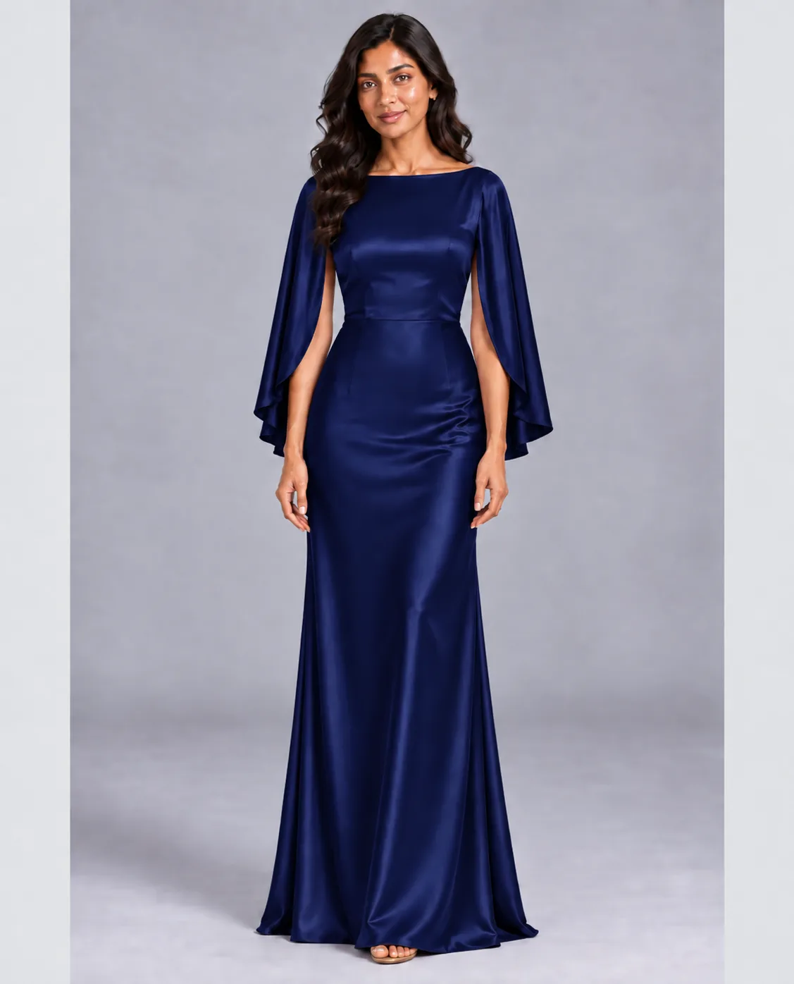 Bridesmaid dresses: Melody - Cape Sleeves Fit and Flare Bridesmaid Dress in Midnight Navy