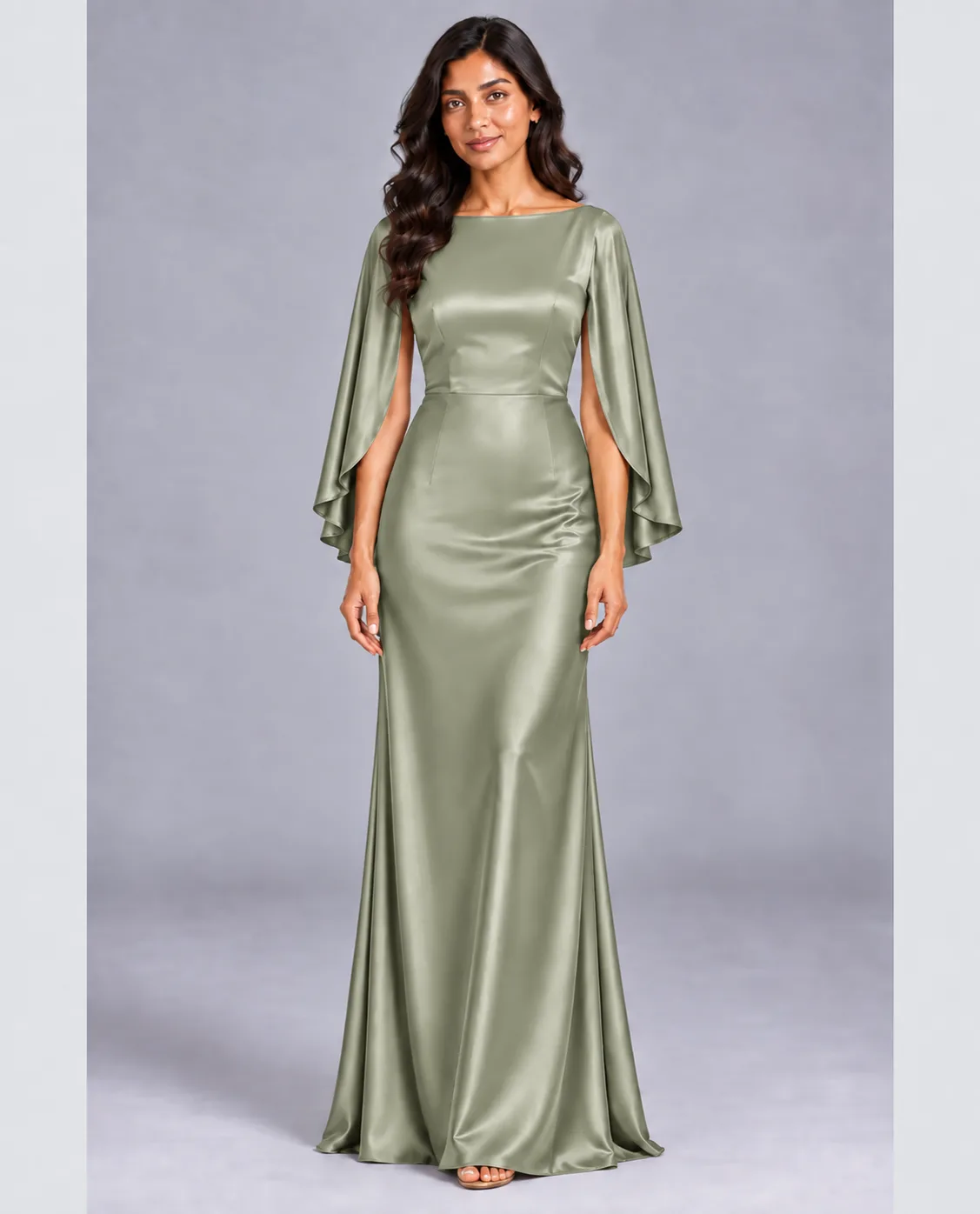 Bridesmaid dresses: Melody - Cape Sleeves Fit and Flare Bridesmaid Dress in Sage Green