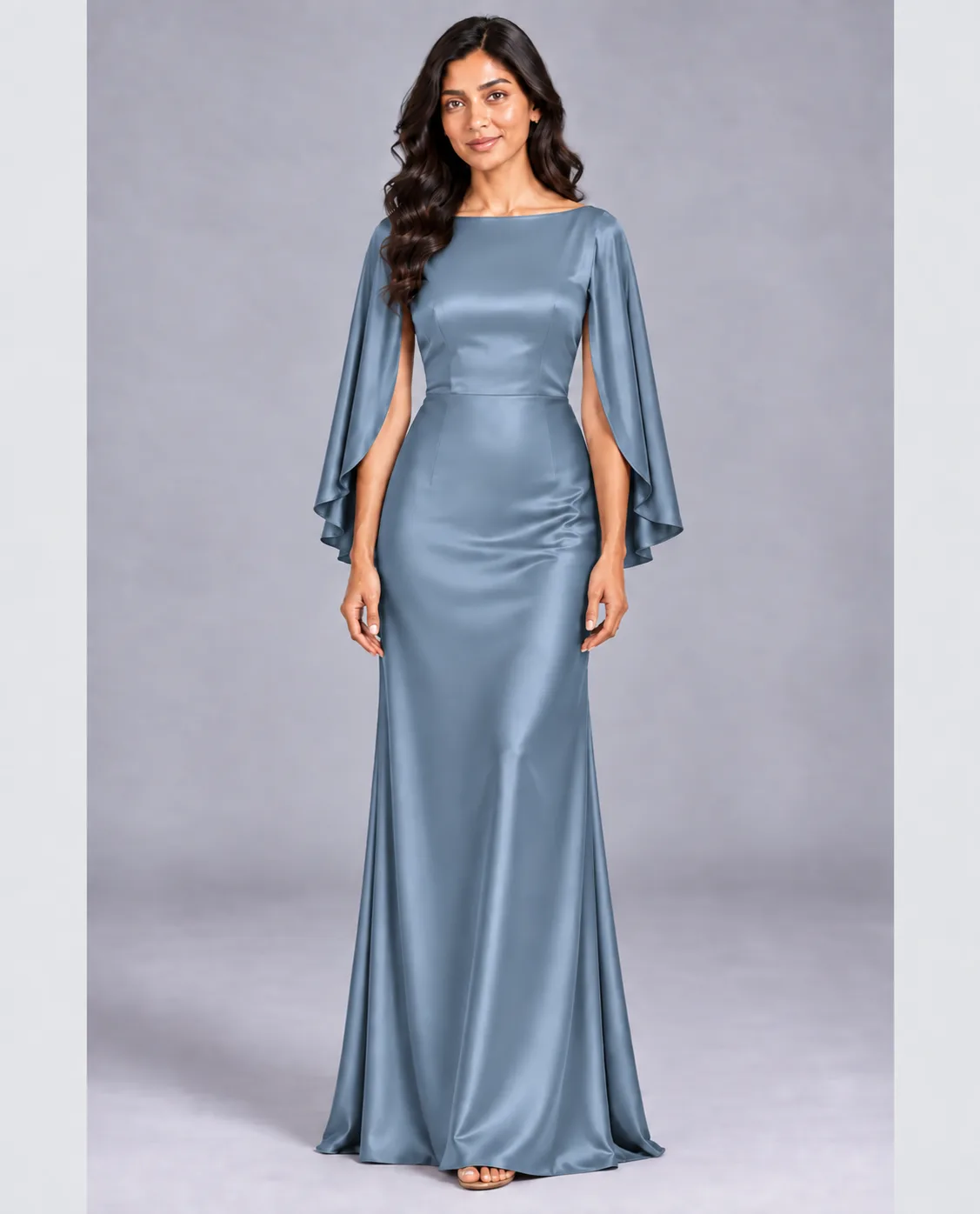 Bridesmaid dresses: Melody - Cape Sleeves Fit and Flare Bridesmaid Dress in Dusty Blue