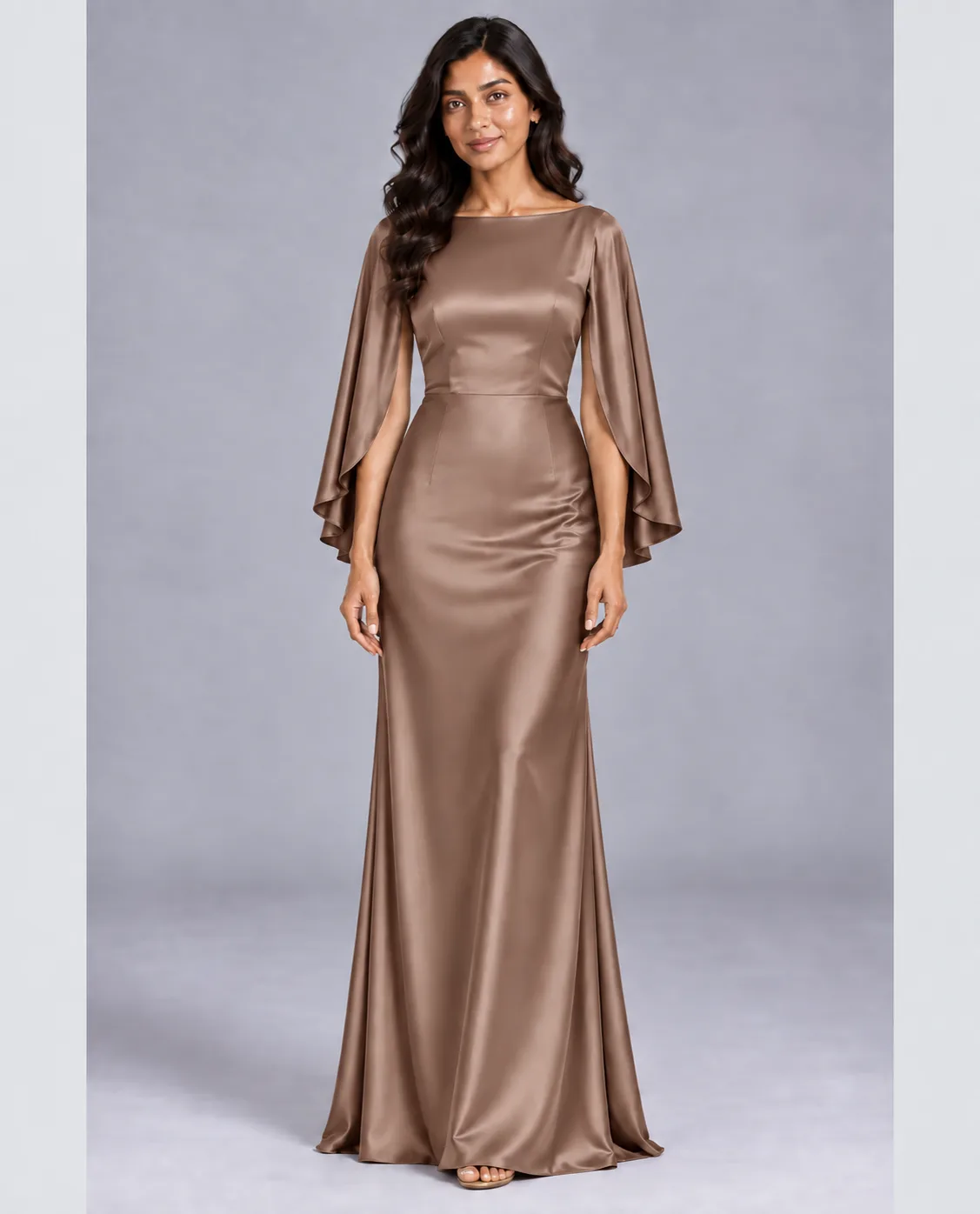 Bridesmaid dresses: Melody - Cape Sleeves Fit and Flare Bridesmaid Dress in Warm Taupe