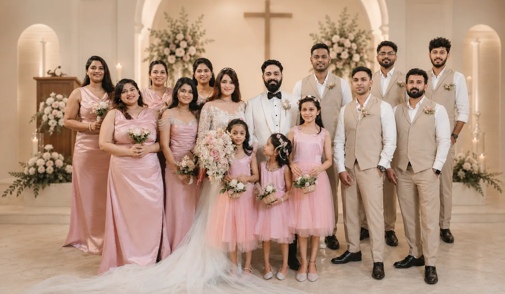 Atelier photograph standing in for the Pleated Gown: a full wedding party in a chapel, the women in pink satin and the bride in white