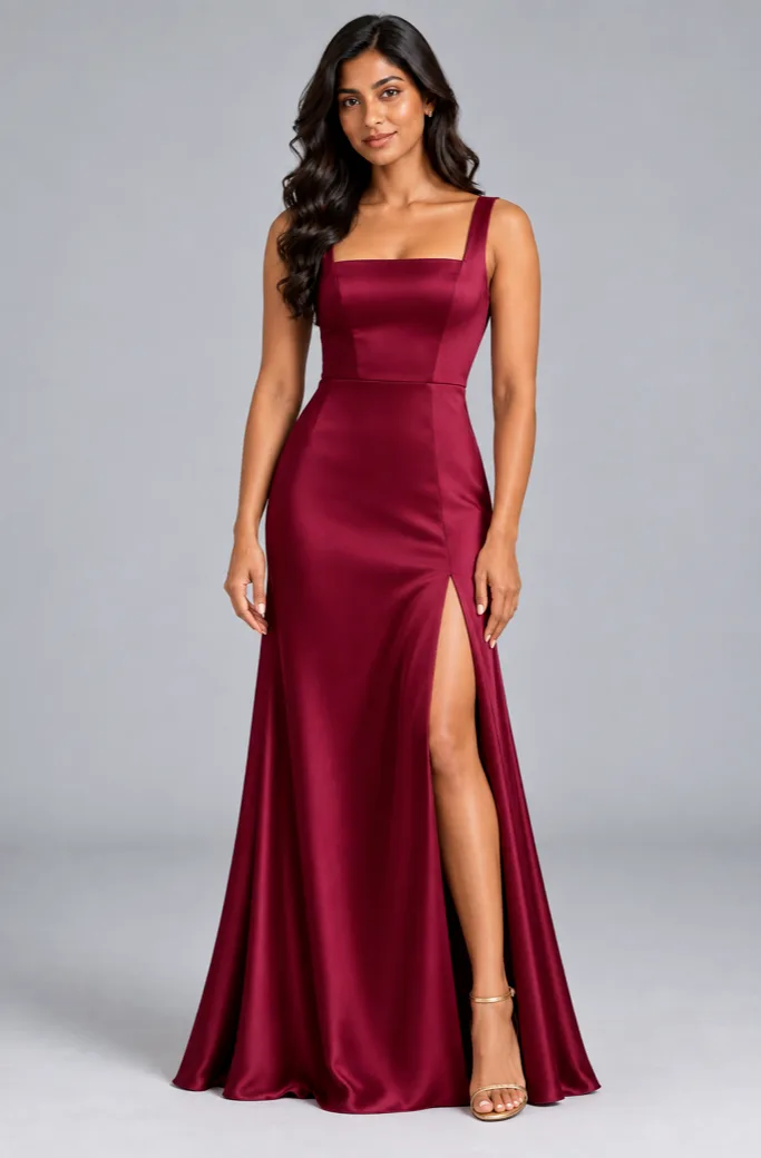 Bridesmaid dresses: Shiloh - Square-Neck A-line Bridesmaid Gown in Berry Wine