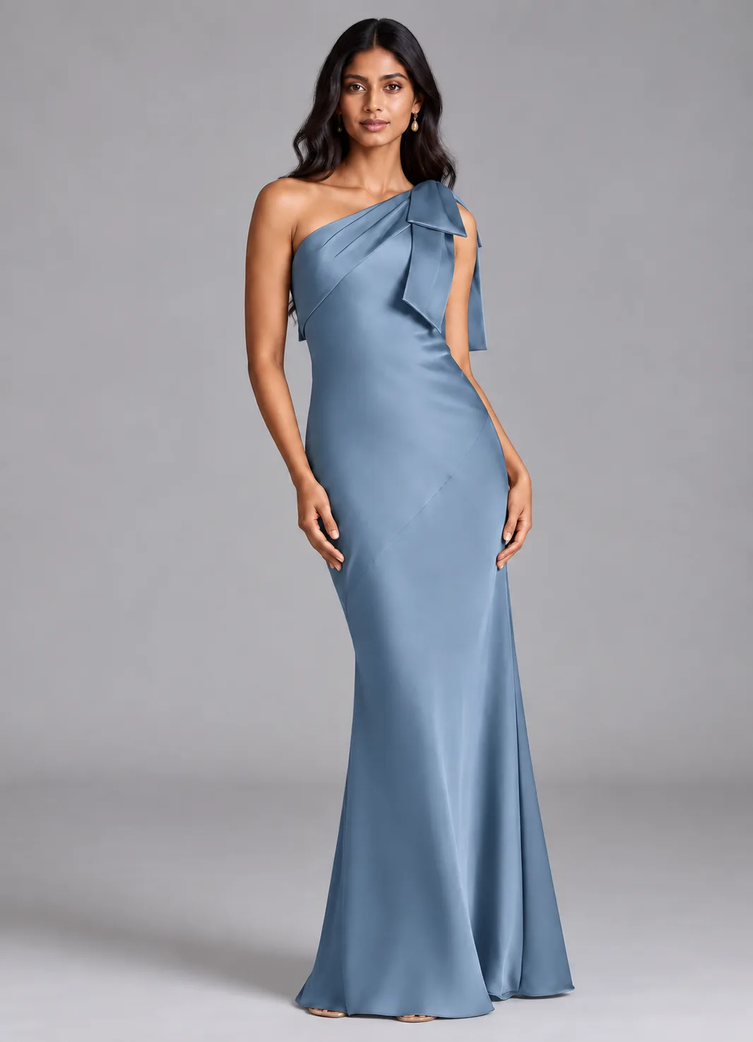 Bridesmaid dresses: Tirzah - One-Shoulder Bow Mermaid Bridesmaid Gown in Dusty Blue