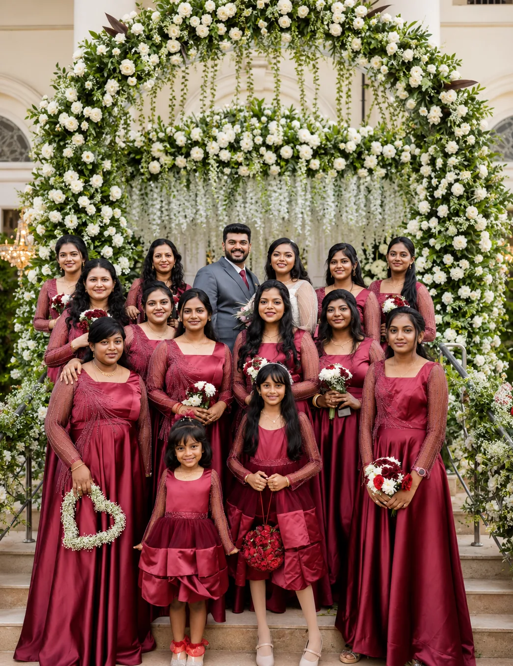 Large bridal party posed on venue steps beneath a white rose and foliage arch: a dozen bridesmaids and two flower girls in matching wine-red satin gowns with sheer embroidered sleeves, cut to suit each wearer, with the couple at the centre