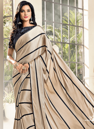 Beige and Black Stripes Designer Saree