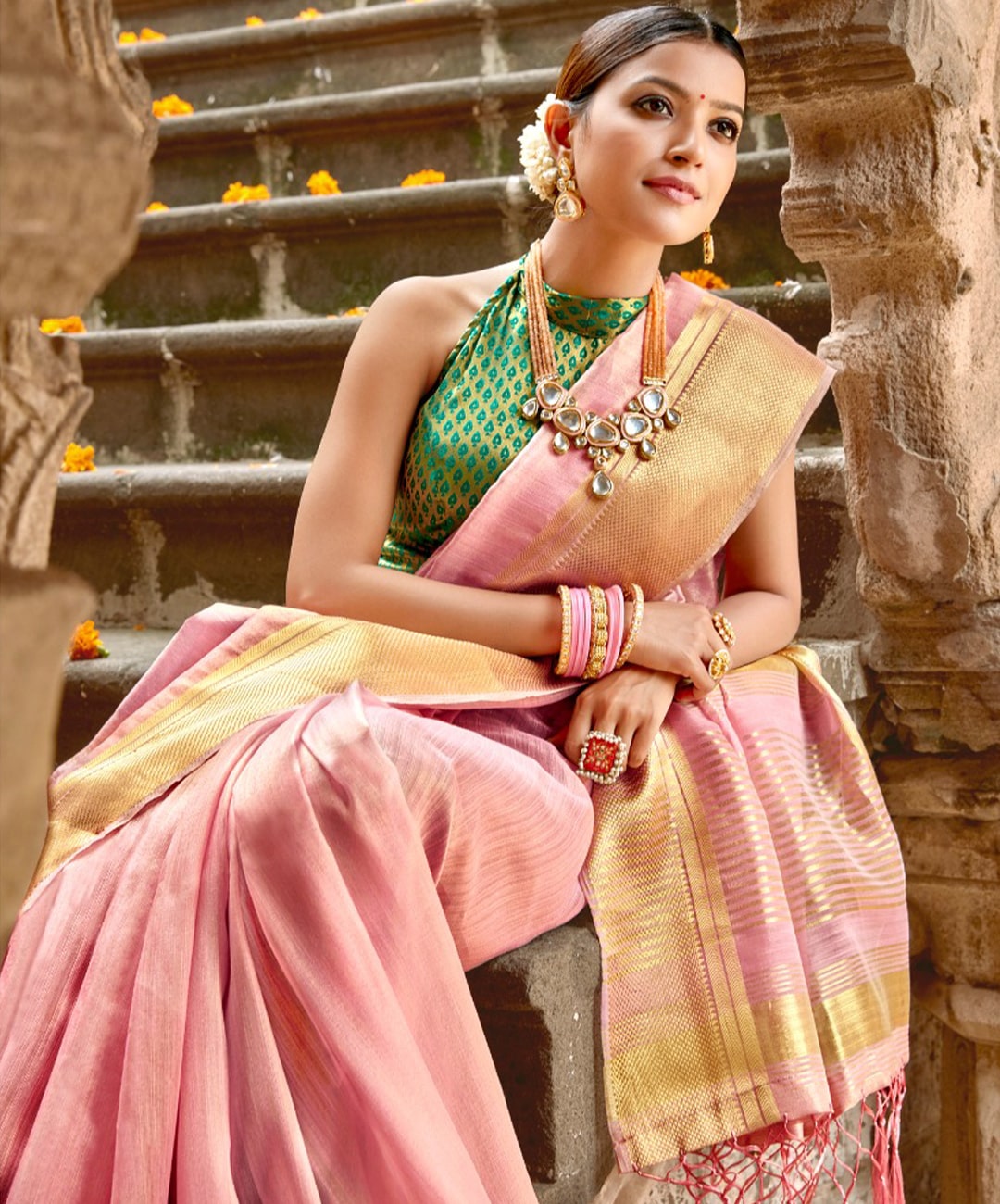 Light Pink Linen Tissue Silk Saree