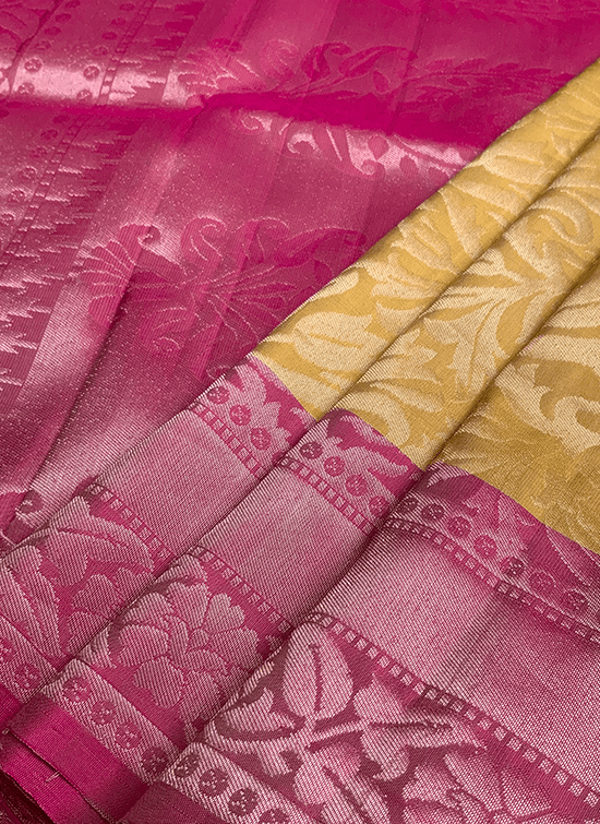 Mild Yellow with Pink Soft Silk Saree