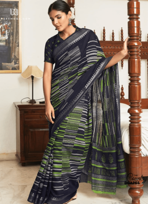 Navy Blue Green Stripes Cotton Saree