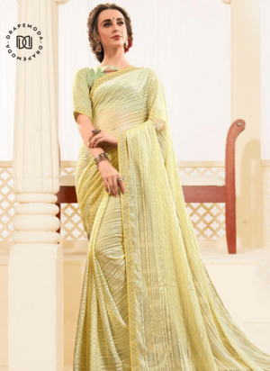 Pastel Yellow Georgette-Satin Stripes Saree