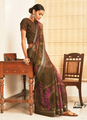Olive Green Swirls Cotton Saree