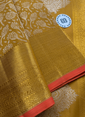 Golden Yellow with coral-peach border Pure Silk Saree