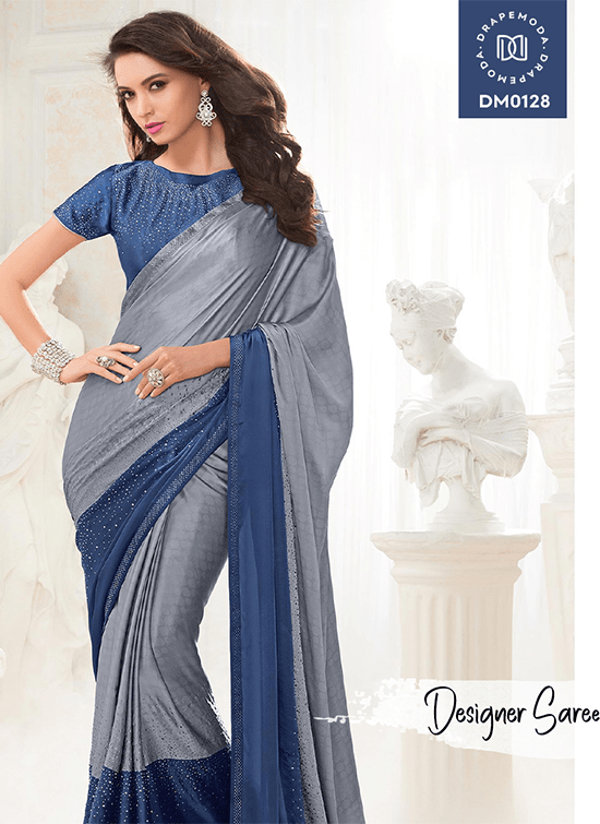 Grey and Steel Blue Designer Saree