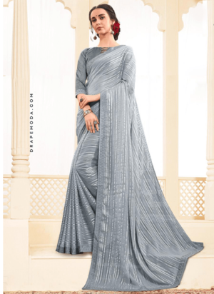 Pastel Grey Georgette-Satin Stripes Saree