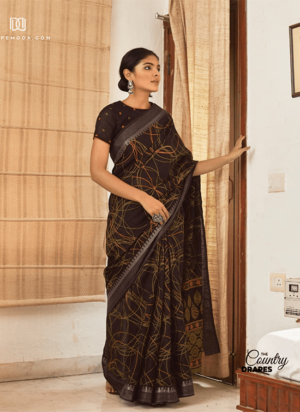 Dark Brown Swirls Cotton Saree
