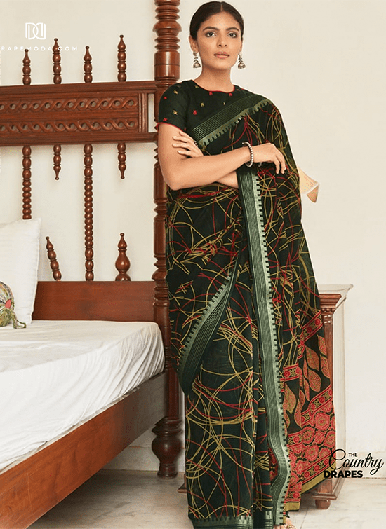 Dark green cotton saree