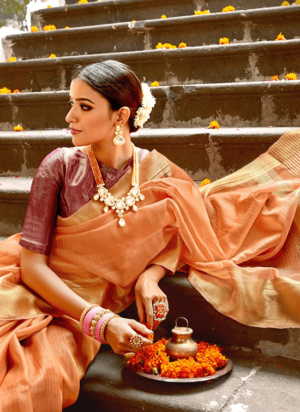 Light Orange Linen Tissue Silk Saree