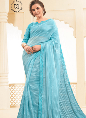 Pastel Blue Georgette-Satin Stripes Saree