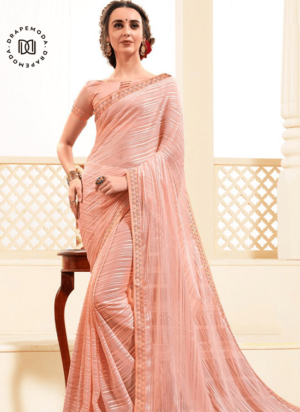 Peachy Pink Georgette-Satin Stripes Saree