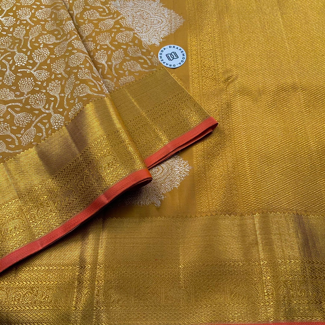 Golden Yellow with Coral Peach border Pure Silk Saree