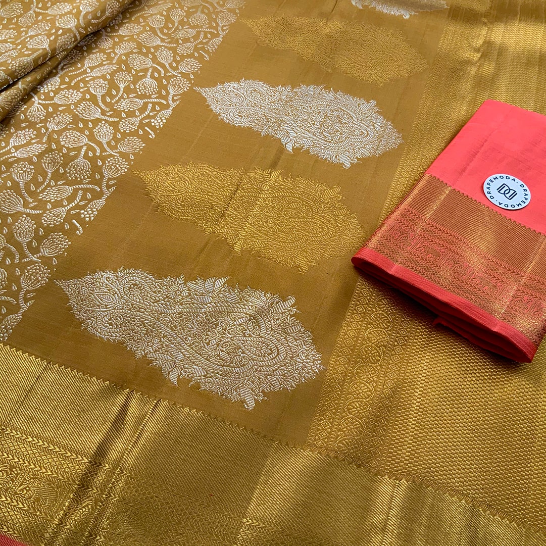 Golden Yellow with Coral Peach border Pure Silk Saree