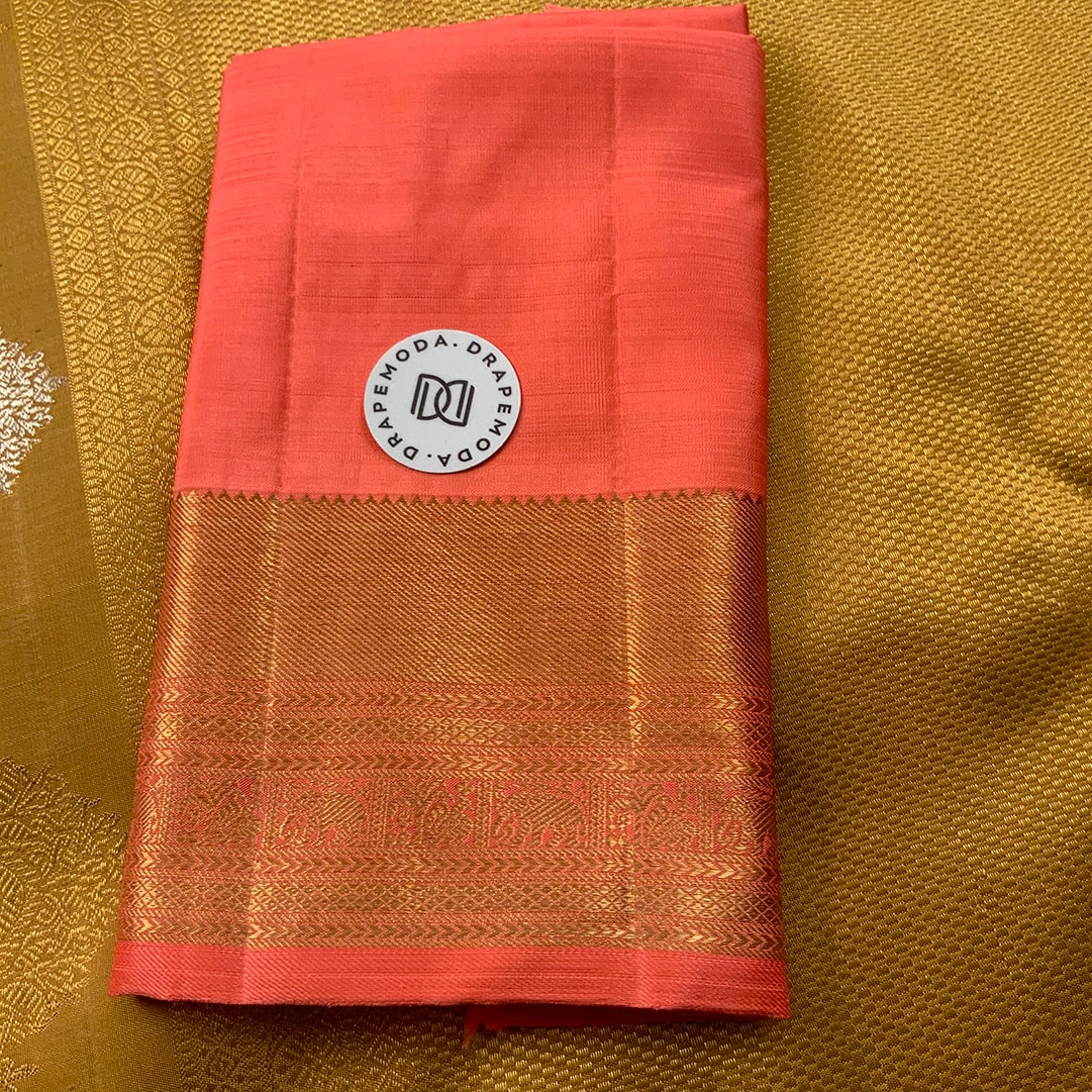 Golden Yellow with Coral Peach border Pure Silk Saree
