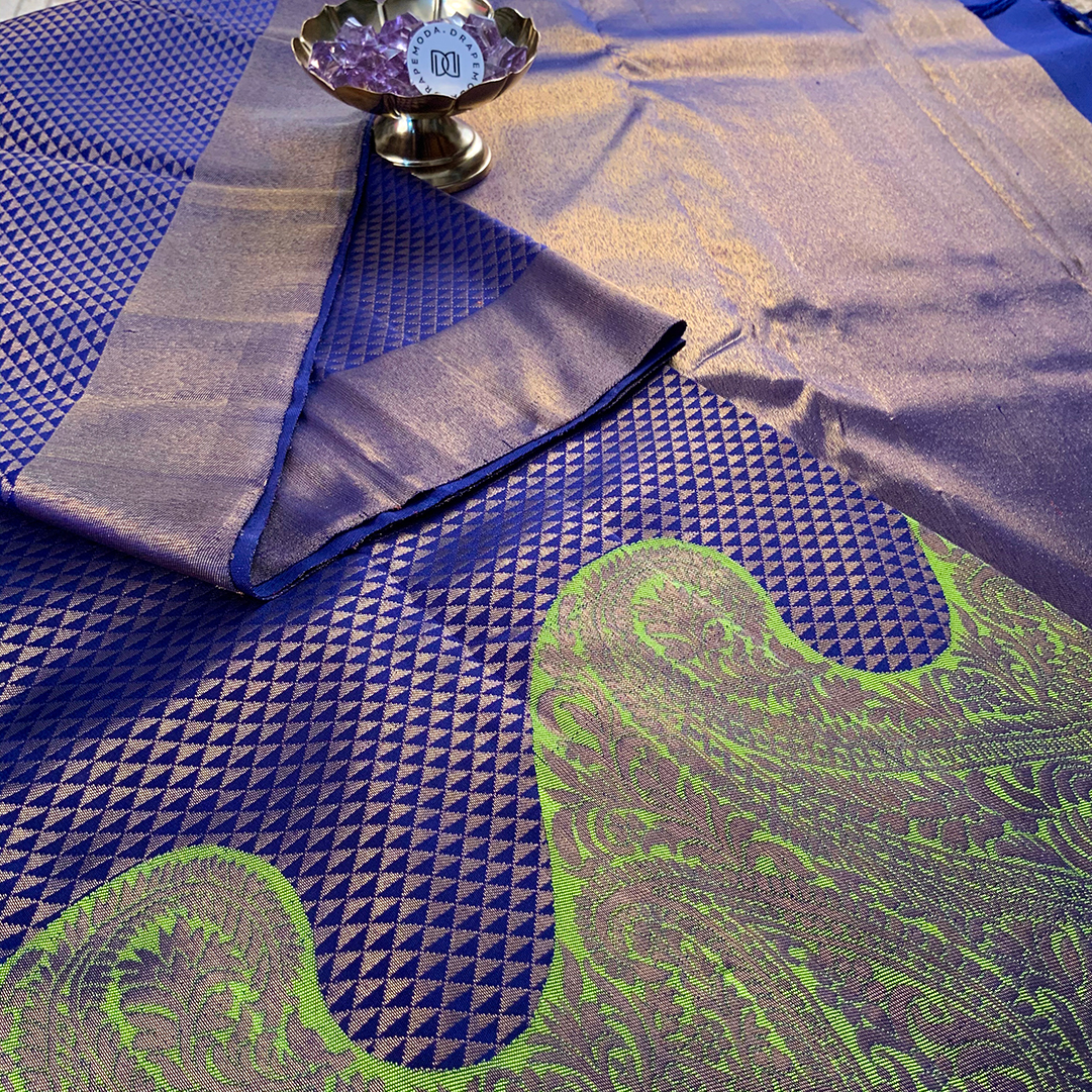 Navy Blue with Green Wavy Border Pure Silk Saree