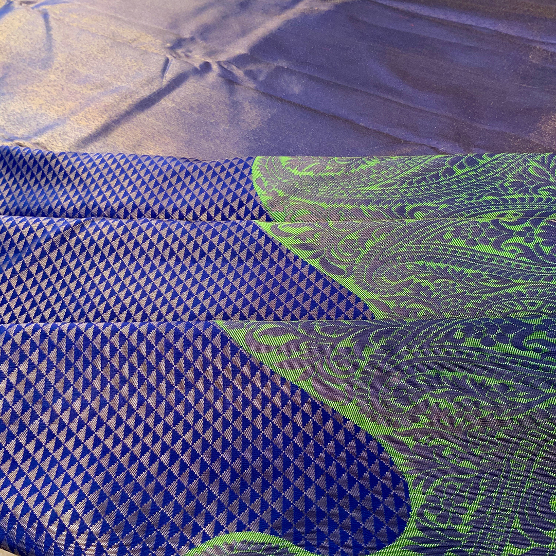 Navy Blue with Green Wavy Border Pure Silk Saree