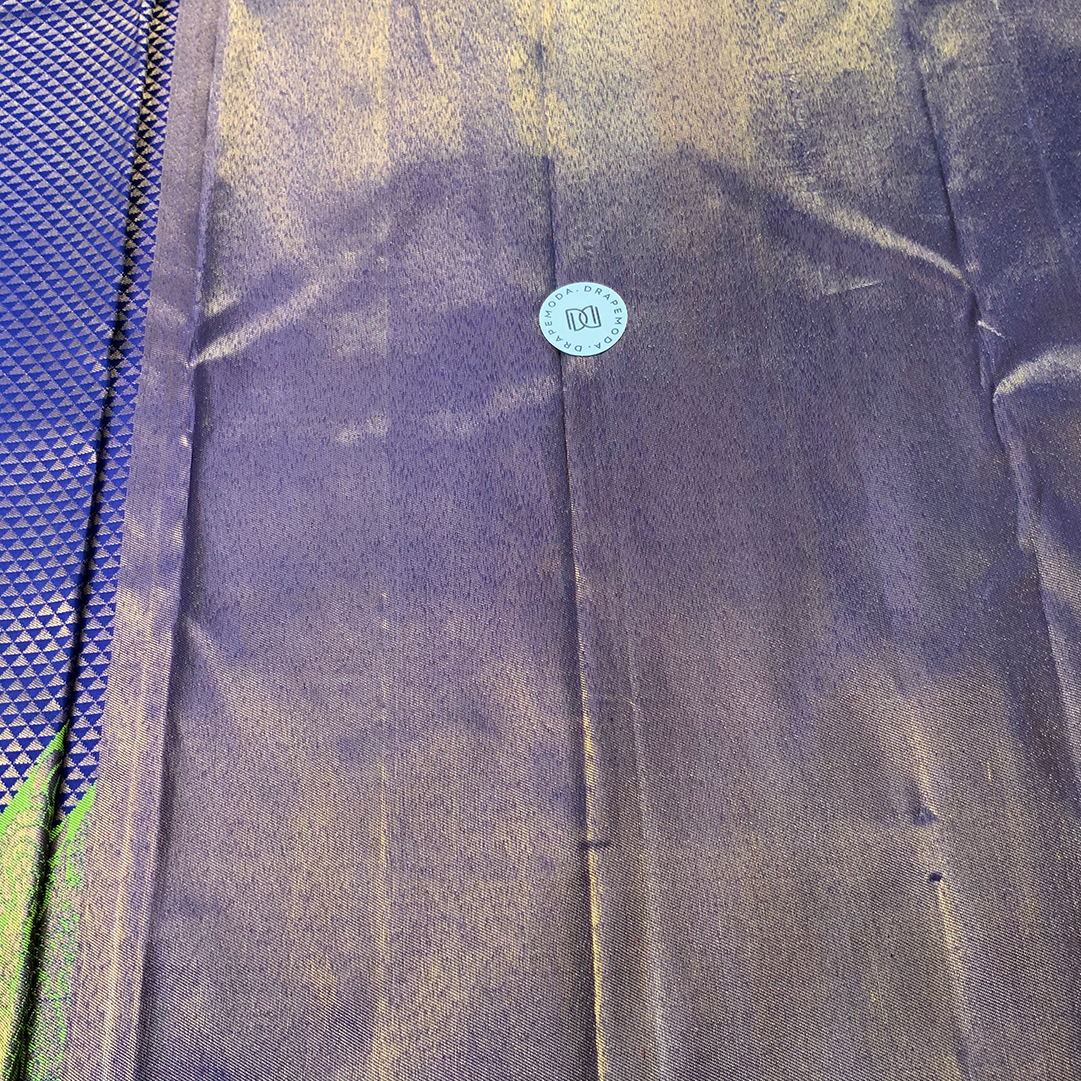 Navy Blue with Green Wavy Border Pure Silk Saree