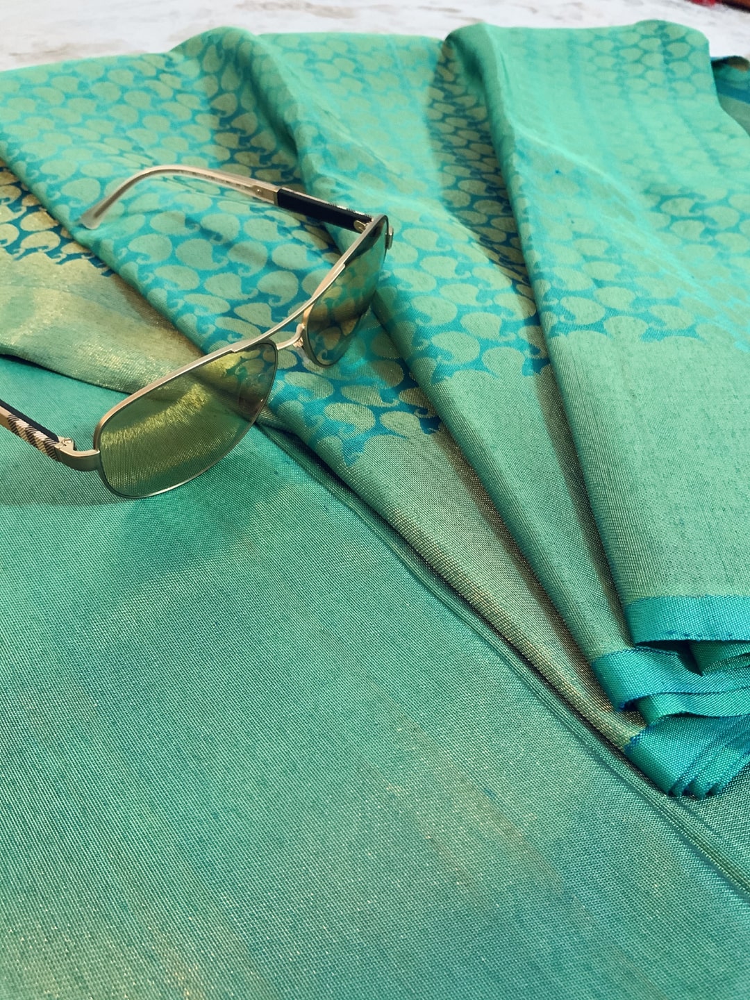 Turquoise Sea Green with Golden border Pure Silk Saree