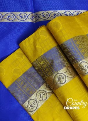 Mustard yellow with Royal blue Handloom Silk Saree