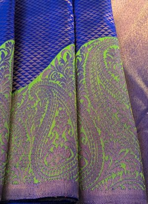 Navy Blue with Green Wavy Border Pure Silk Saree